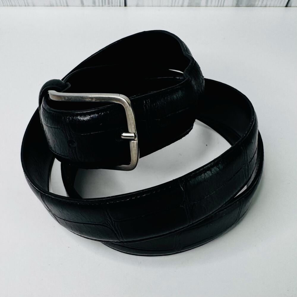 Vera Pelle Italy Black Leather Belt Silver Buckle 44
